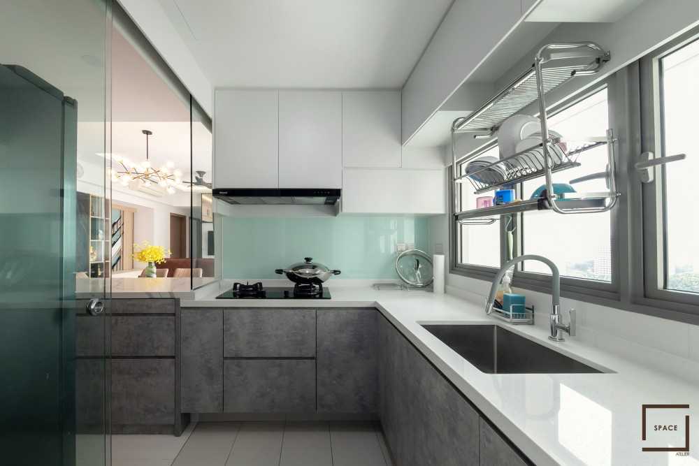 Contemporary Kitchen with Kitchen Window and Cupboard