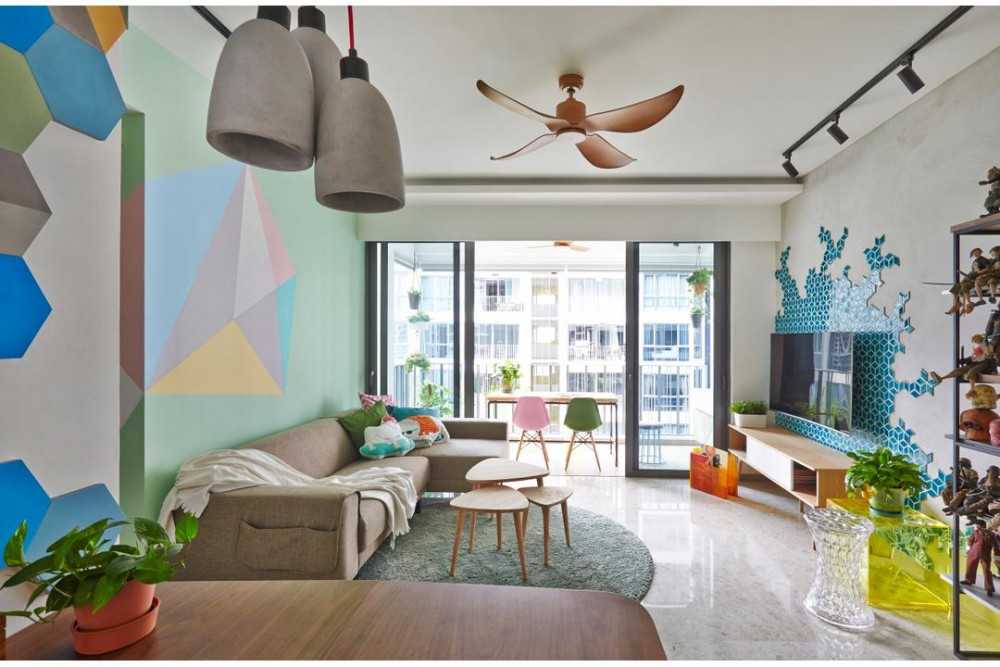 Eclectic Living Room with TV Console and Display Cabinets
