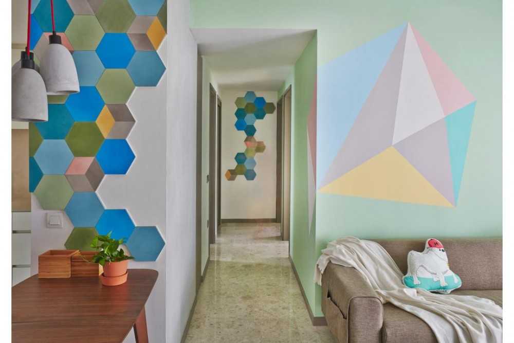 Eclectic Hallway with Marble Floor and Feature Wall
