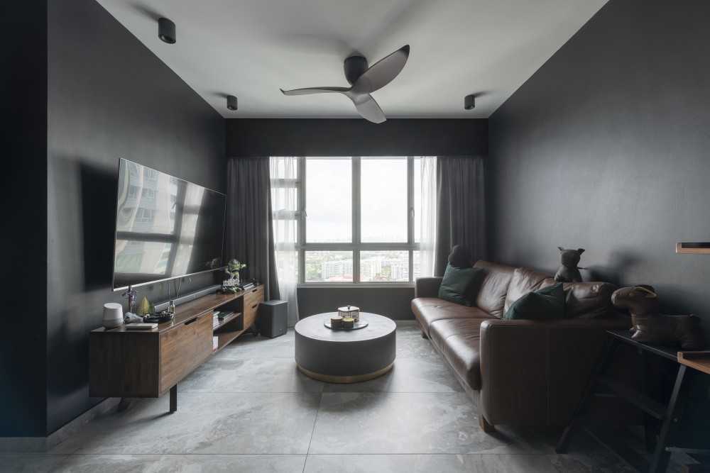 Contemporary Living Room with Homogeneous Tiles and TV Console