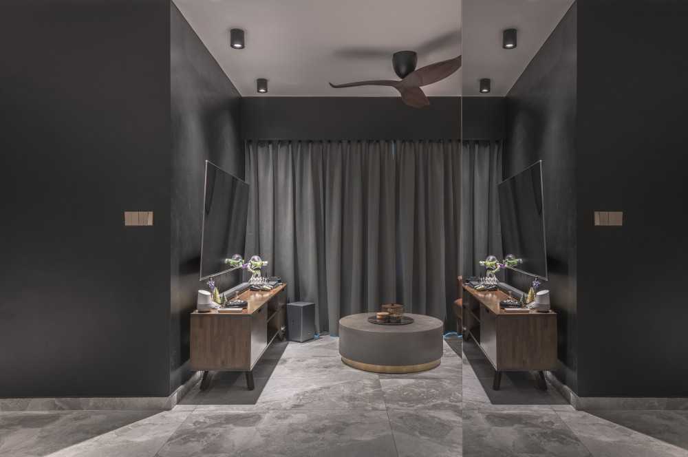 Contemporary Living Room with Homogeneous Tiles and TV Console