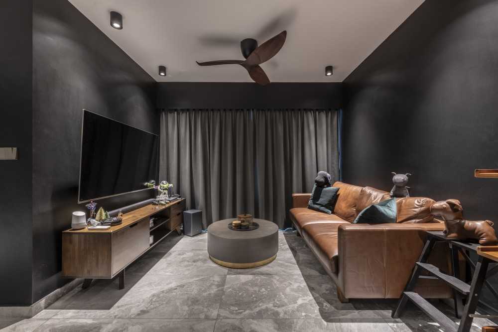 Contemporary Living Room with Homogeneous Tiles and TV Console