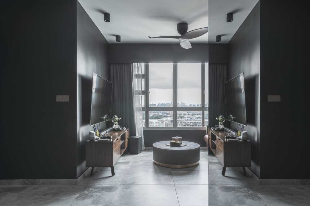 Contemporary Living Room with Homogeneous Tiles and TV Console
