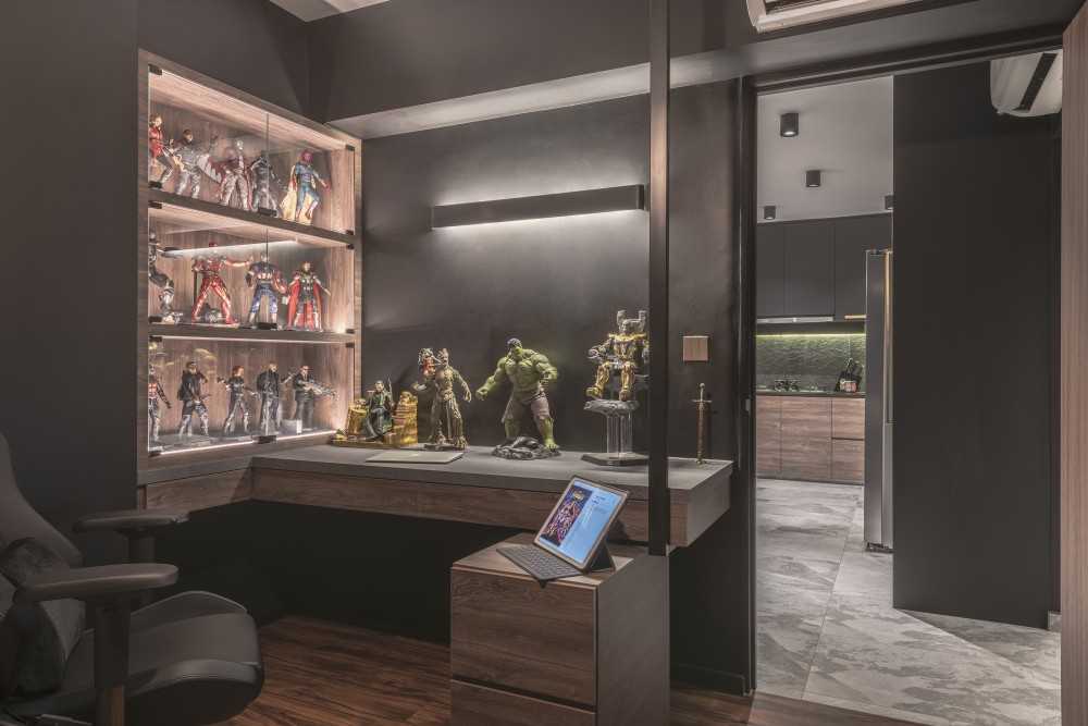 Contemporary Bedroom with Display Cabinets and Lighting