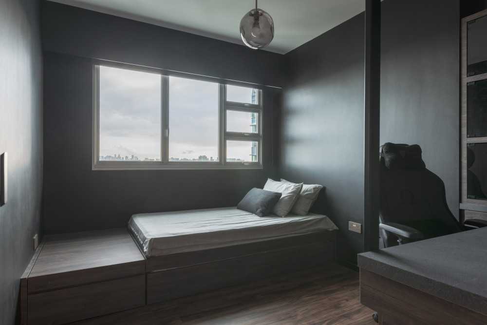 Contemporary Bedroom with Platform Bed and Vinyl Flooring