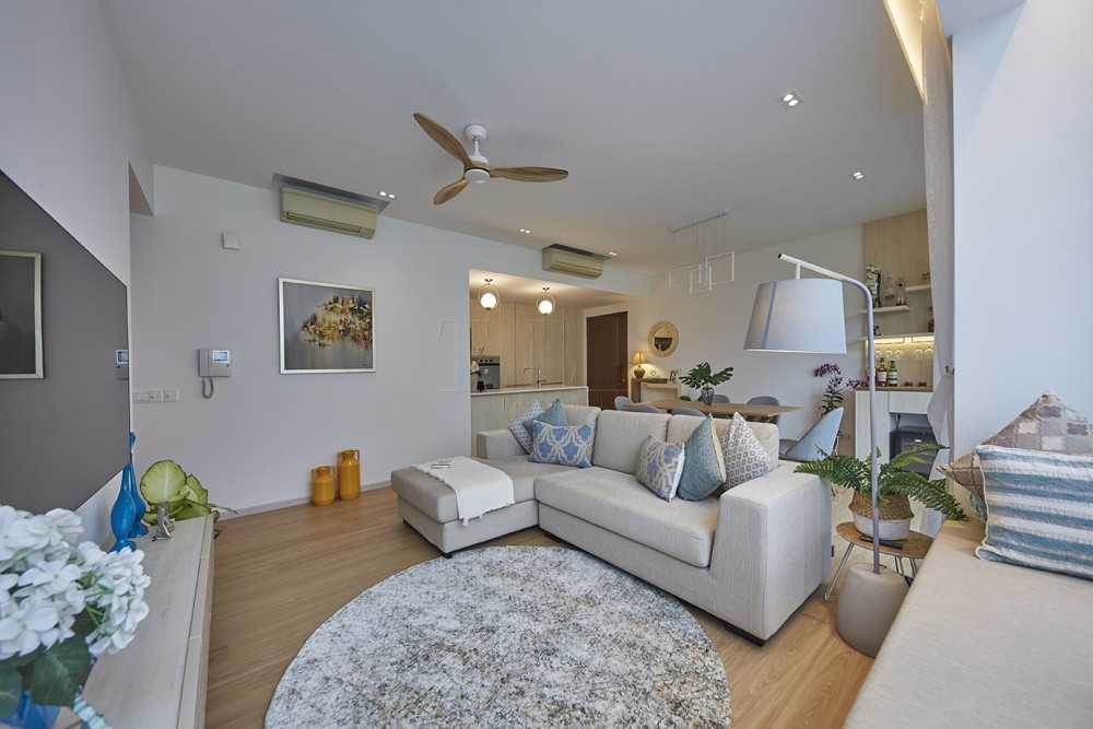 Minimalist Living Room with TV Console and Bay Window