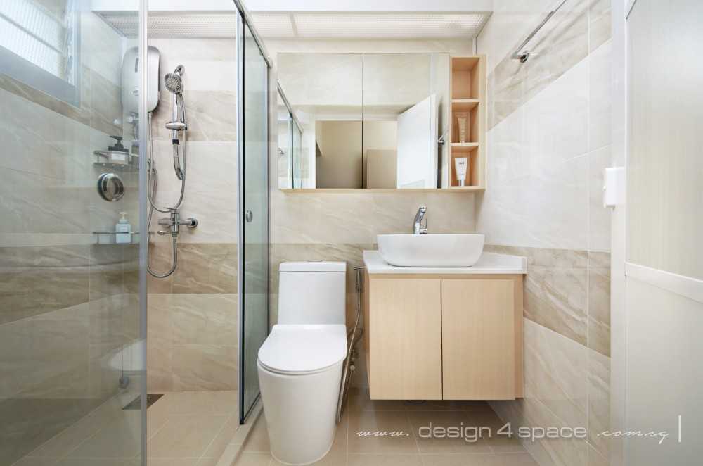 Contemporary Bathroom with Herringbone Tiling and Wood Flooring