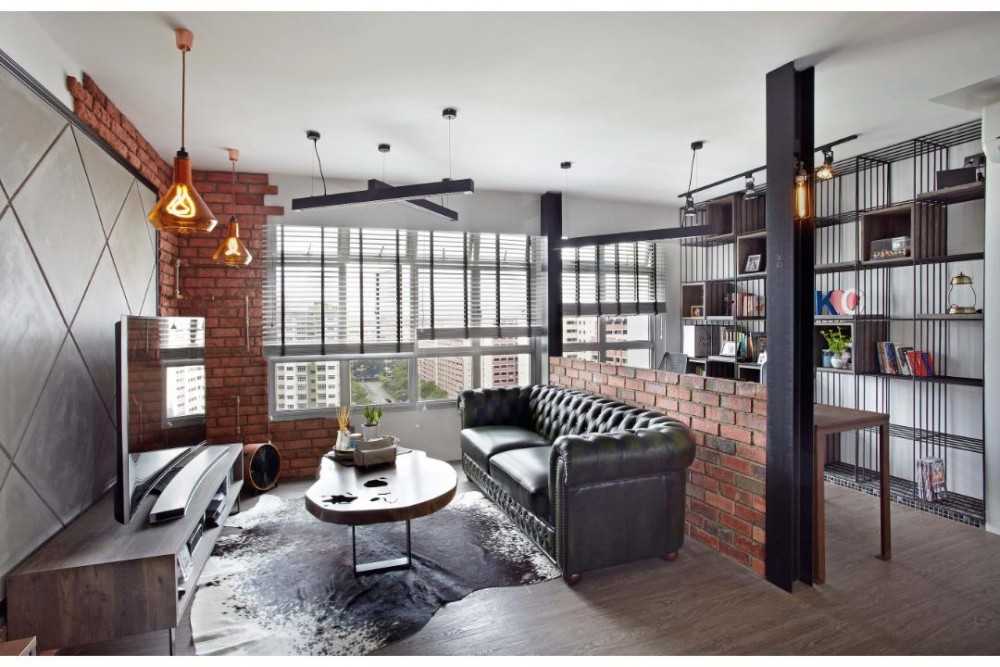 Industrial Living Room with TV Console and Feature Wall