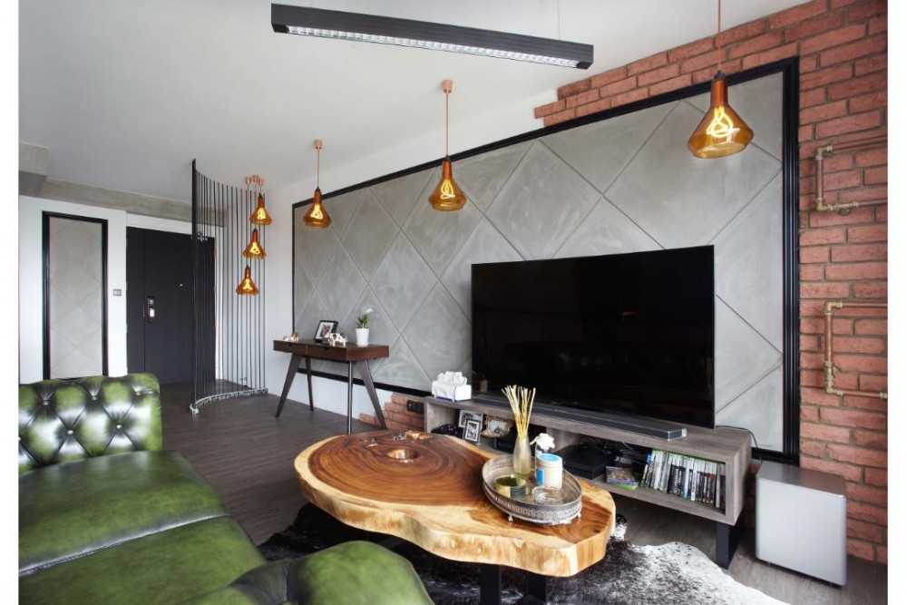 Industrial Living Room with TV Console and Feature Wall