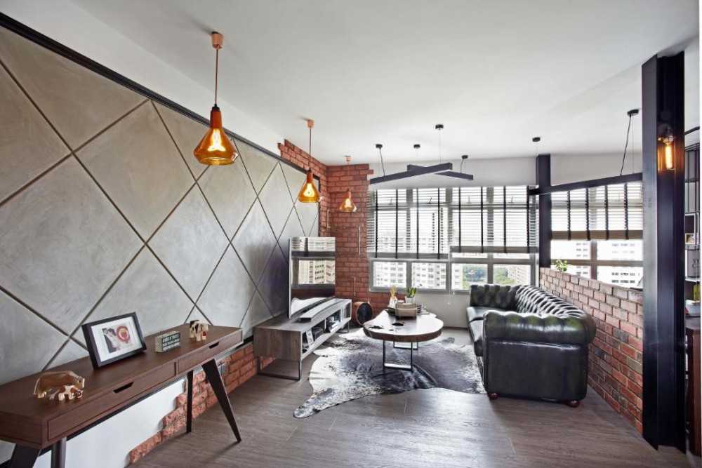 Industrial Living Room with Wood Flooring and Sofa