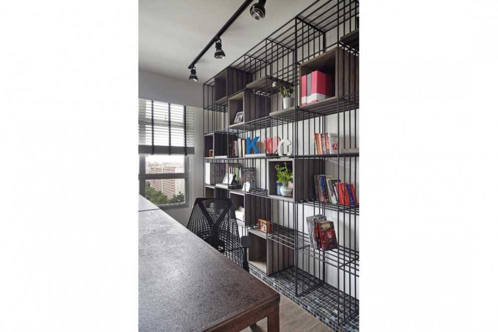 Industrial Study with Shelving Units and Display Cabinets