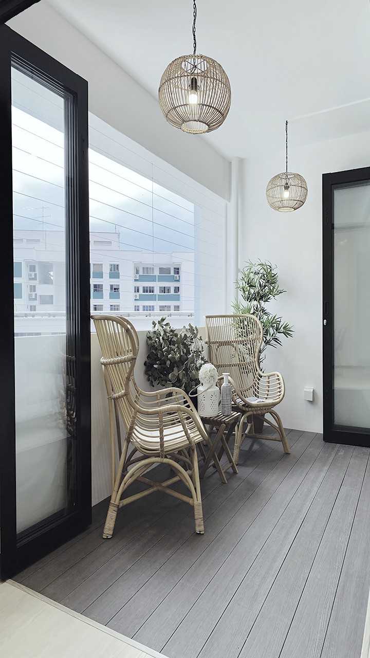 Transitional Balcony with Glass Door and Window Grille