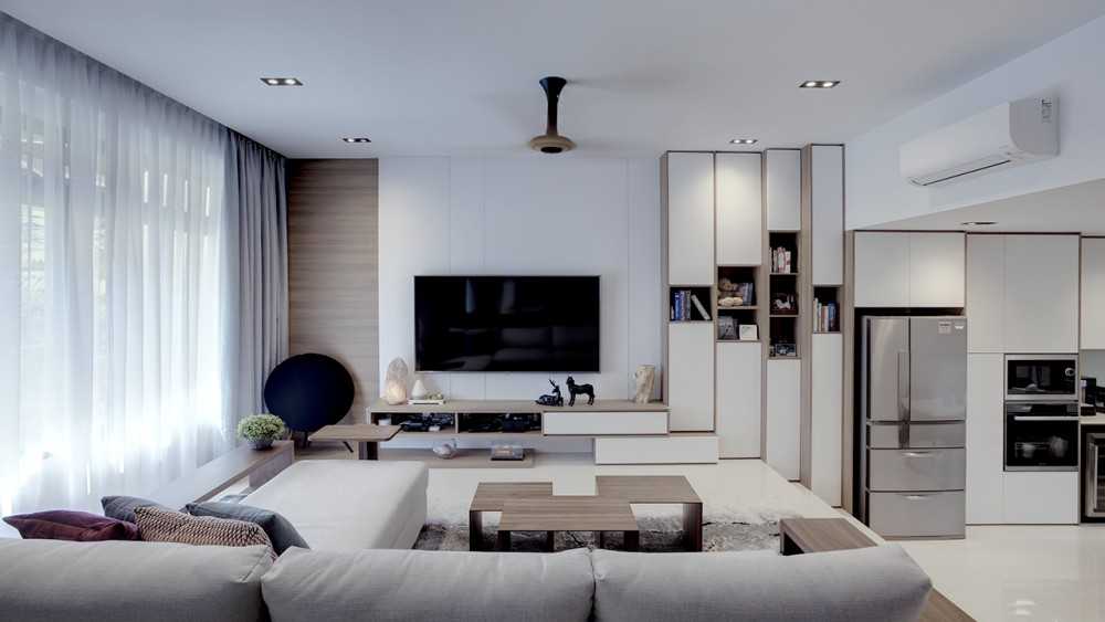 Scandinavian Living Room with TV Console and Feature Wall
