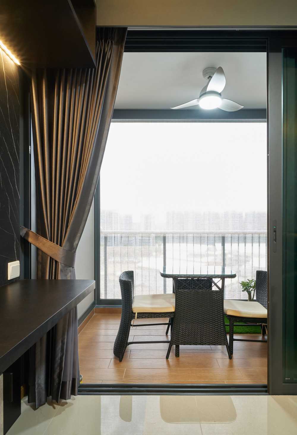 Modern Balcony with Window Shutters and Curtain