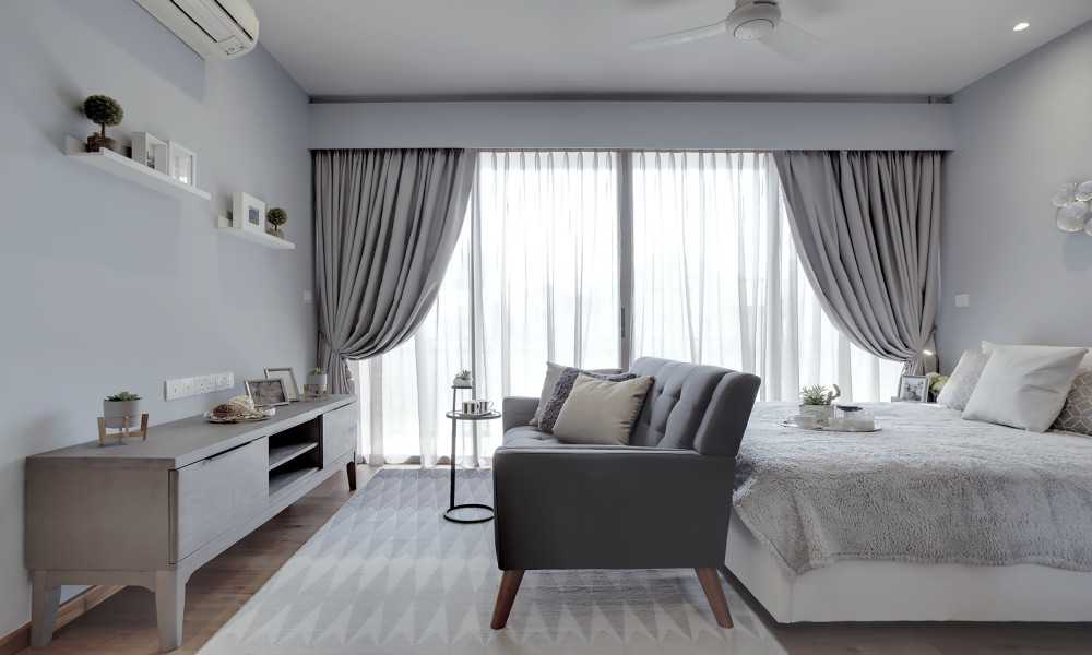 Transitional Bedroom with TV Console and Carpet