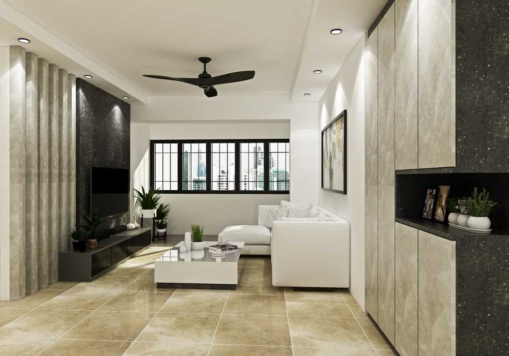Contemporary Living Room with Homogeneous Tiles and TV Console