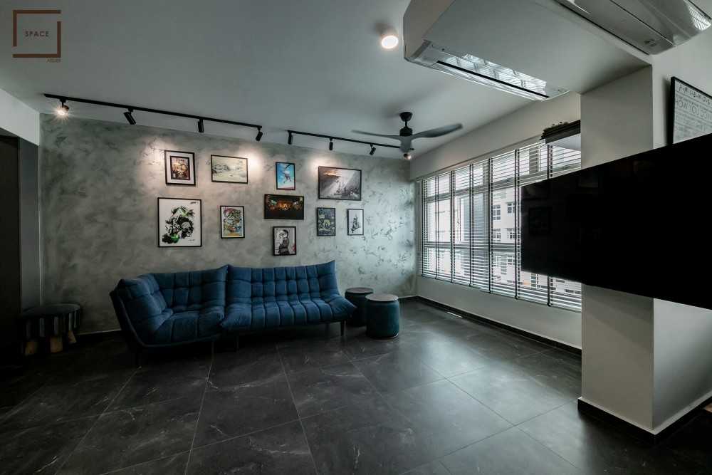 Modern Living Room with Homogeneous Tiles and Ceiling Light
