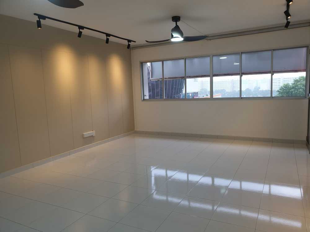 Contemporary Living Room with Homogeneous Tiles and Lighting