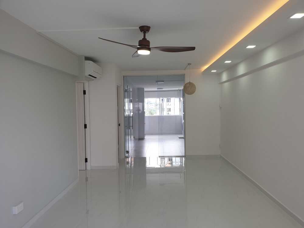 Contemporary Living Room with Homogeneous Tiles and Cove Lighting