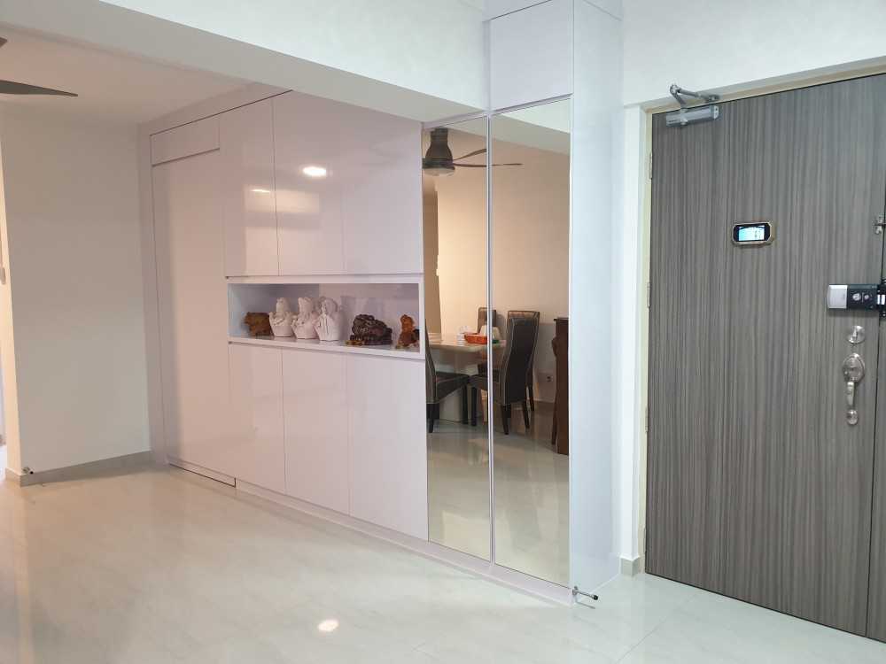 Contemporary Living Room with Homogeneous Tiles and Storage Cabinets