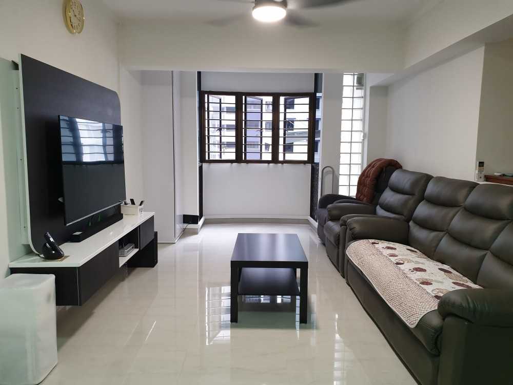 Contemporary Living Room with Homogeneous Tiles and TV Console