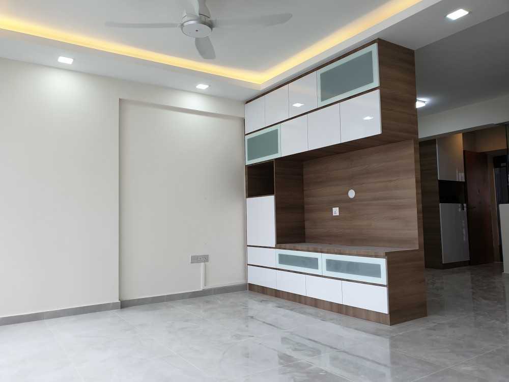 Contemporary Living Room with Homogeneous Tiles and TV Console