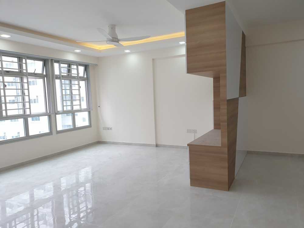 Contemporary Living Room with Homogeneous Tiles and TV Console