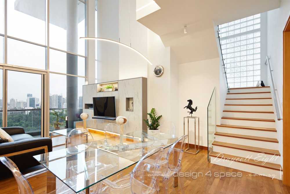 Contemporary Dining Room with Feature Wall and Downlights
