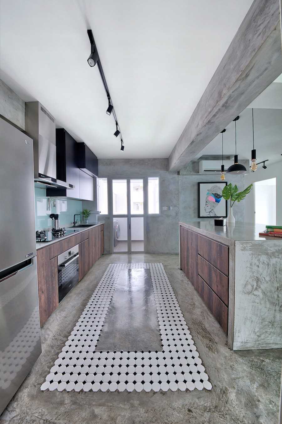 Industrial Kitchen with Cement Floor and Kitchen Island