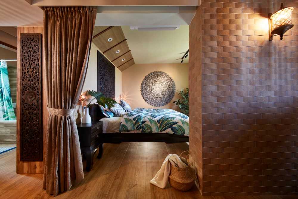 Country Bedroom with Wood Flooring and Feature Wall