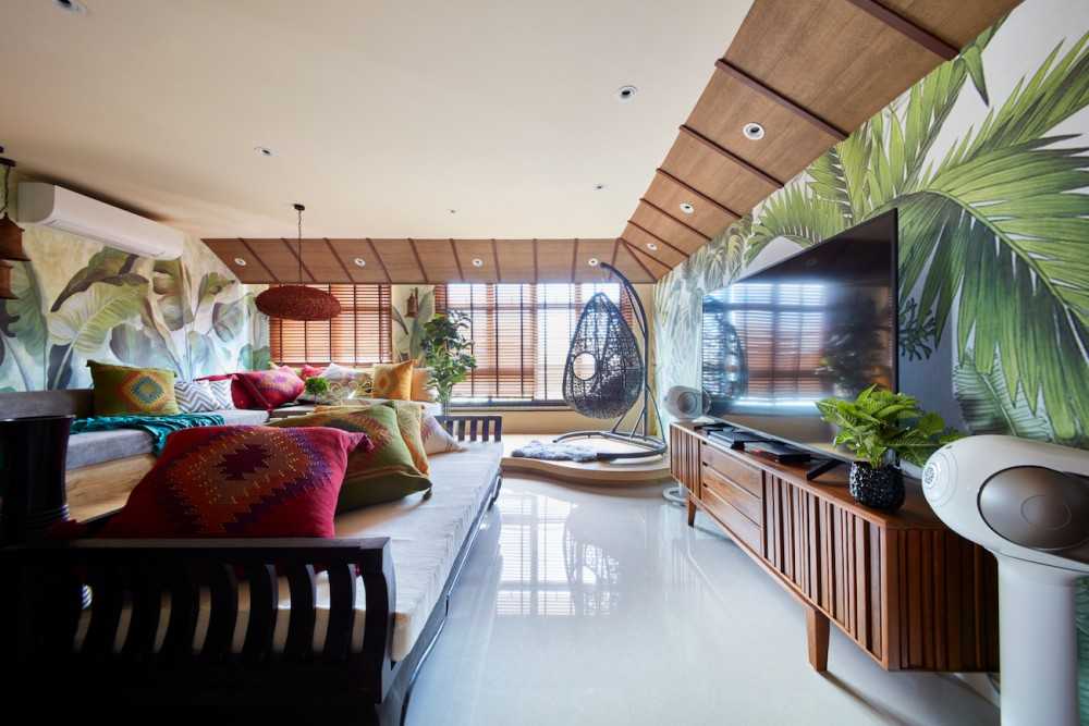 Country Living Room with TV Console and Feature Wall