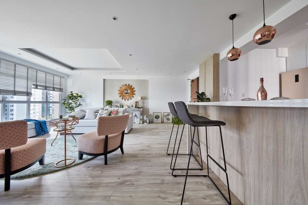 Scandinavian Living Room with Feature Wall and Bar Counter