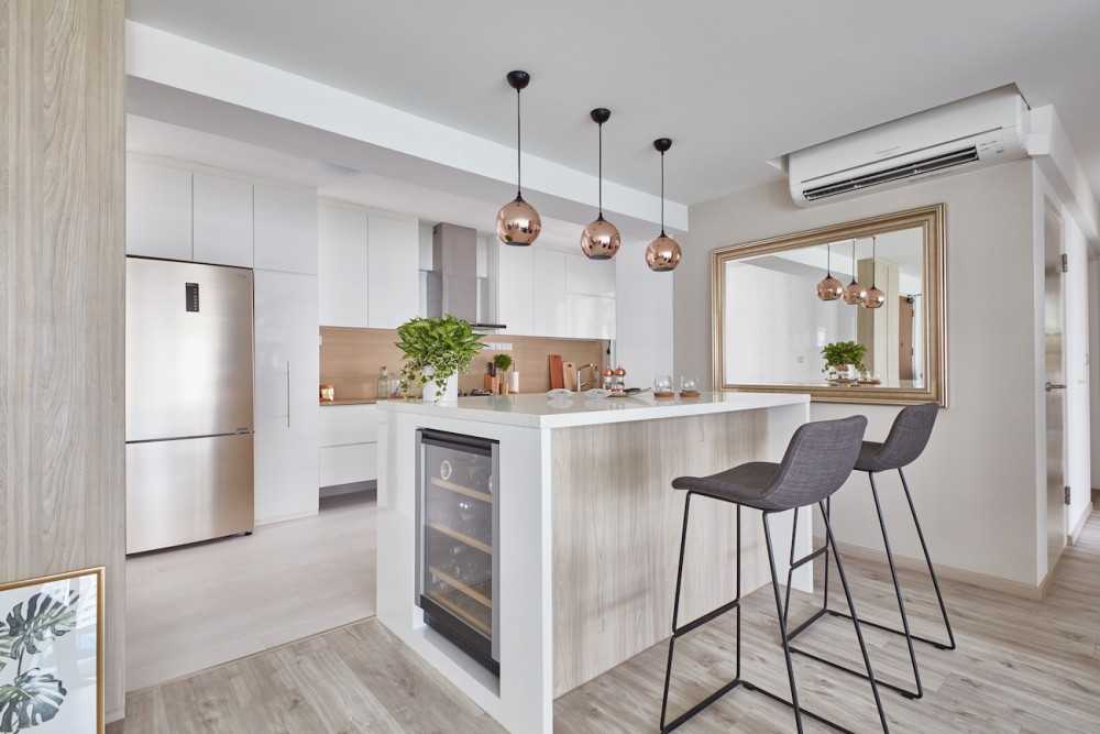 Scandinavian Kitchen with Mirror and Kitchen Island