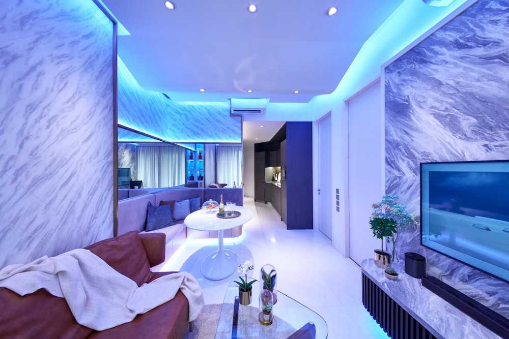 Modern Living Room with Marble Floor and Feature Wall