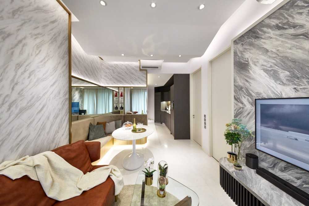 Modern Living Room with Marble Floor and TV Console