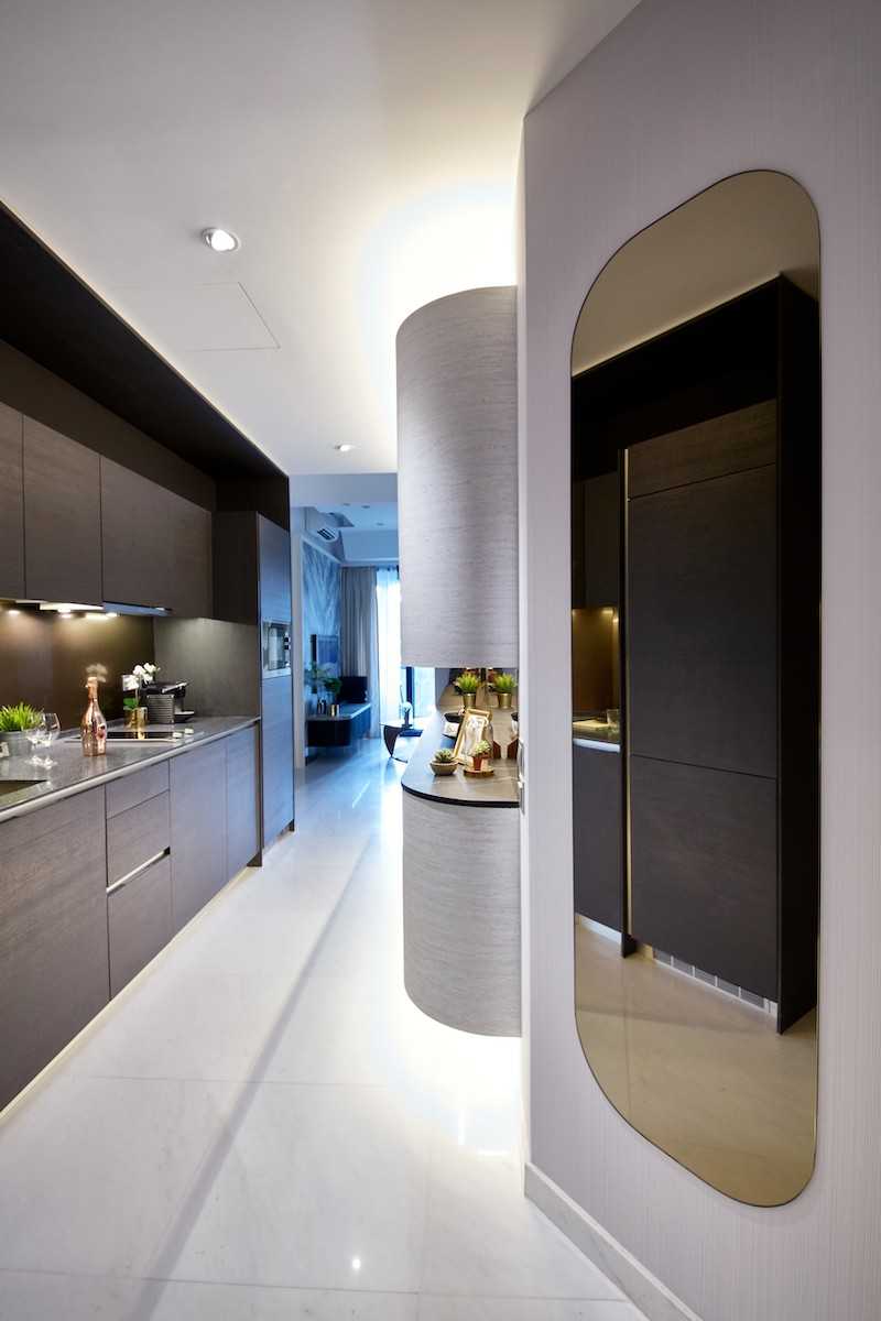 Modern Hallway with Mirror and Kitchen Cabinets