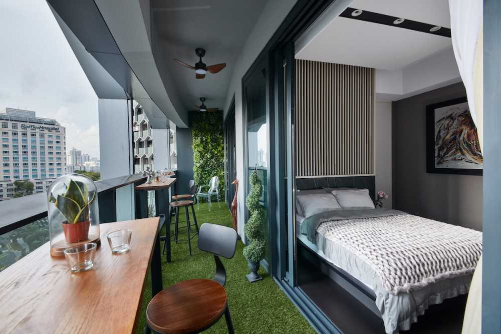 Modern Balcony with Outdoor Furniture and Queen Bed