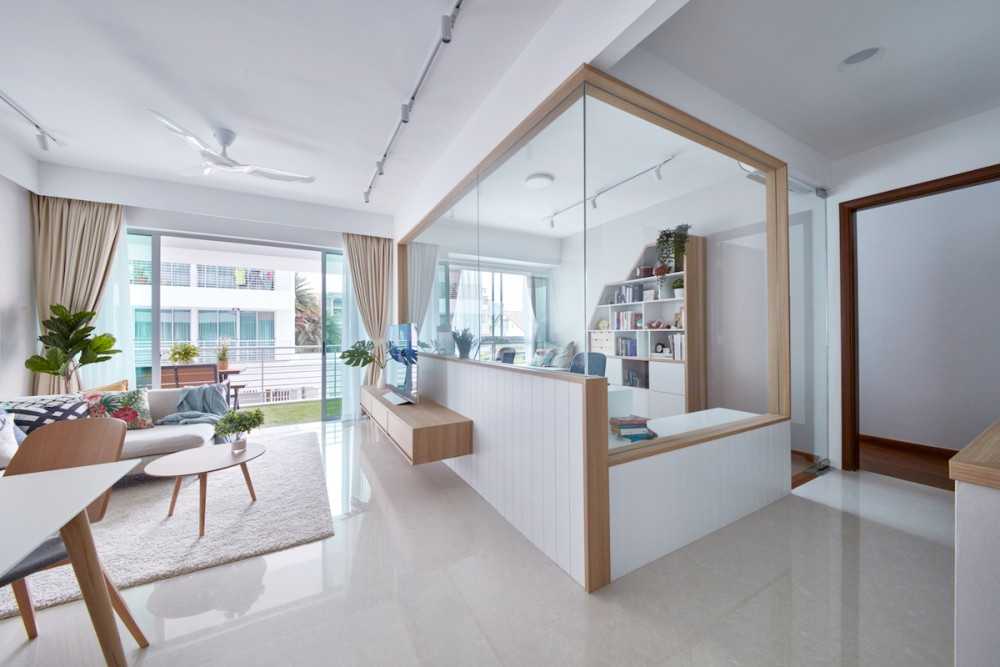 Contemporary Living Room with Marble Floor and Room Divider
