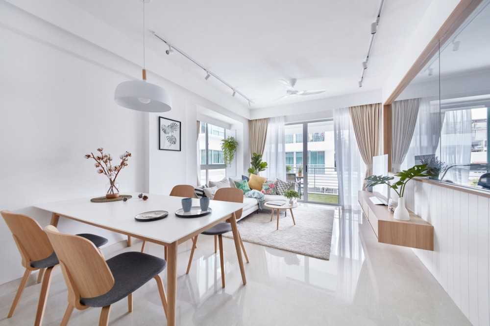 Contemporary Living Room with Marble Floor and Ceiling Fan