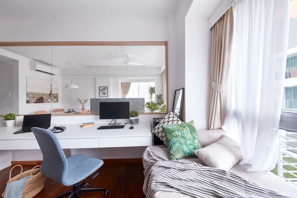 Contemporary Dining Room with Bay Window and Desk