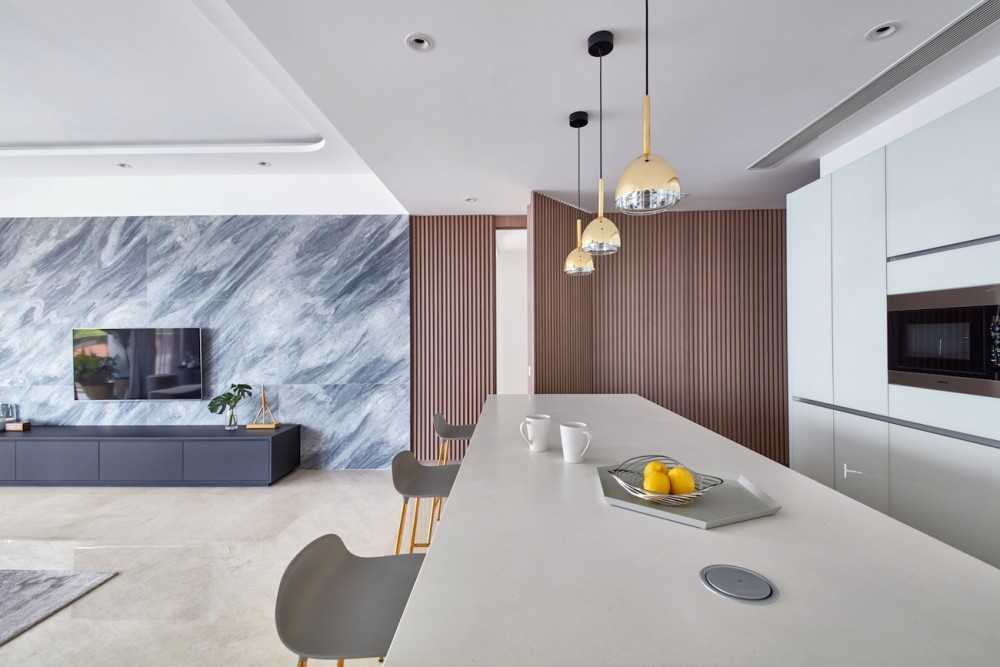 Modern Dining Room with TV Console and Feature Wall