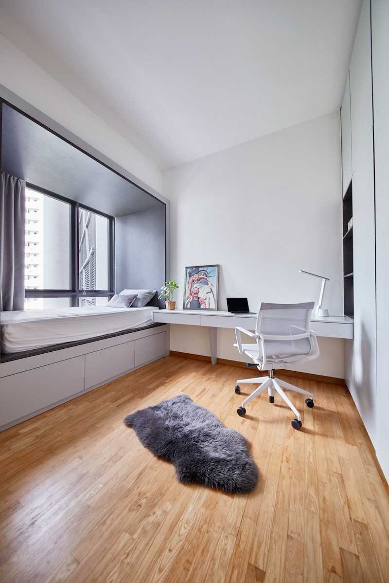 Modern Bedroom with Wood Flooring and Bay Window