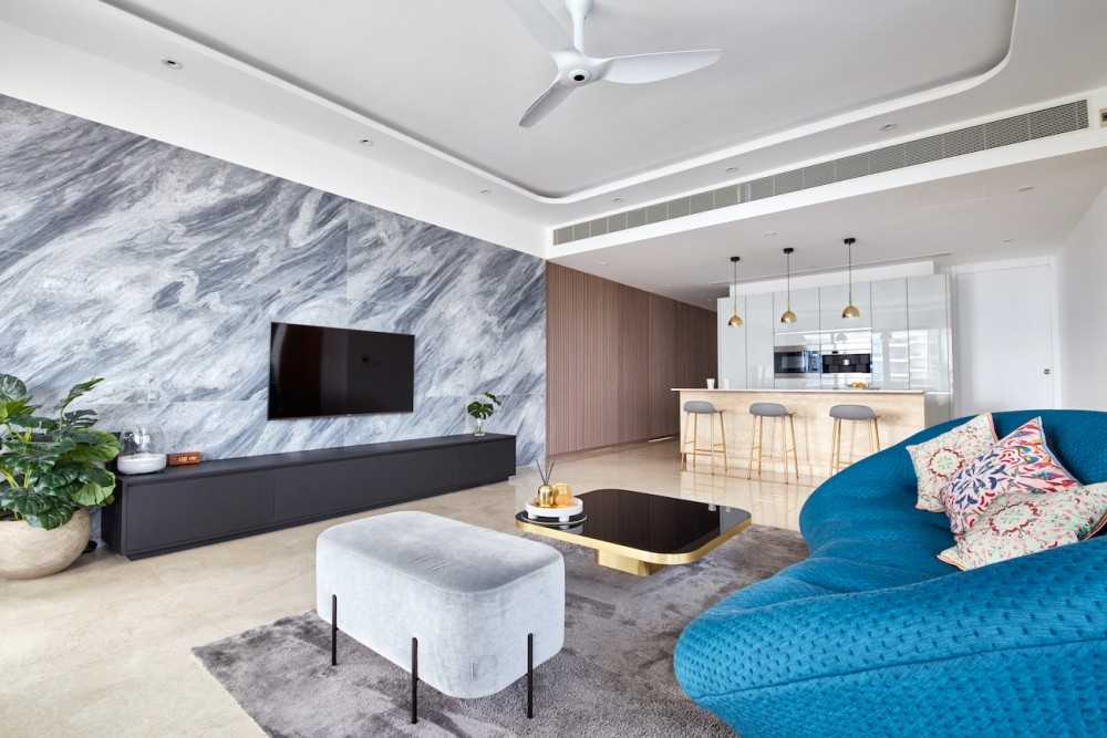 Modern Living Room with Marble Floor and Feature Wall