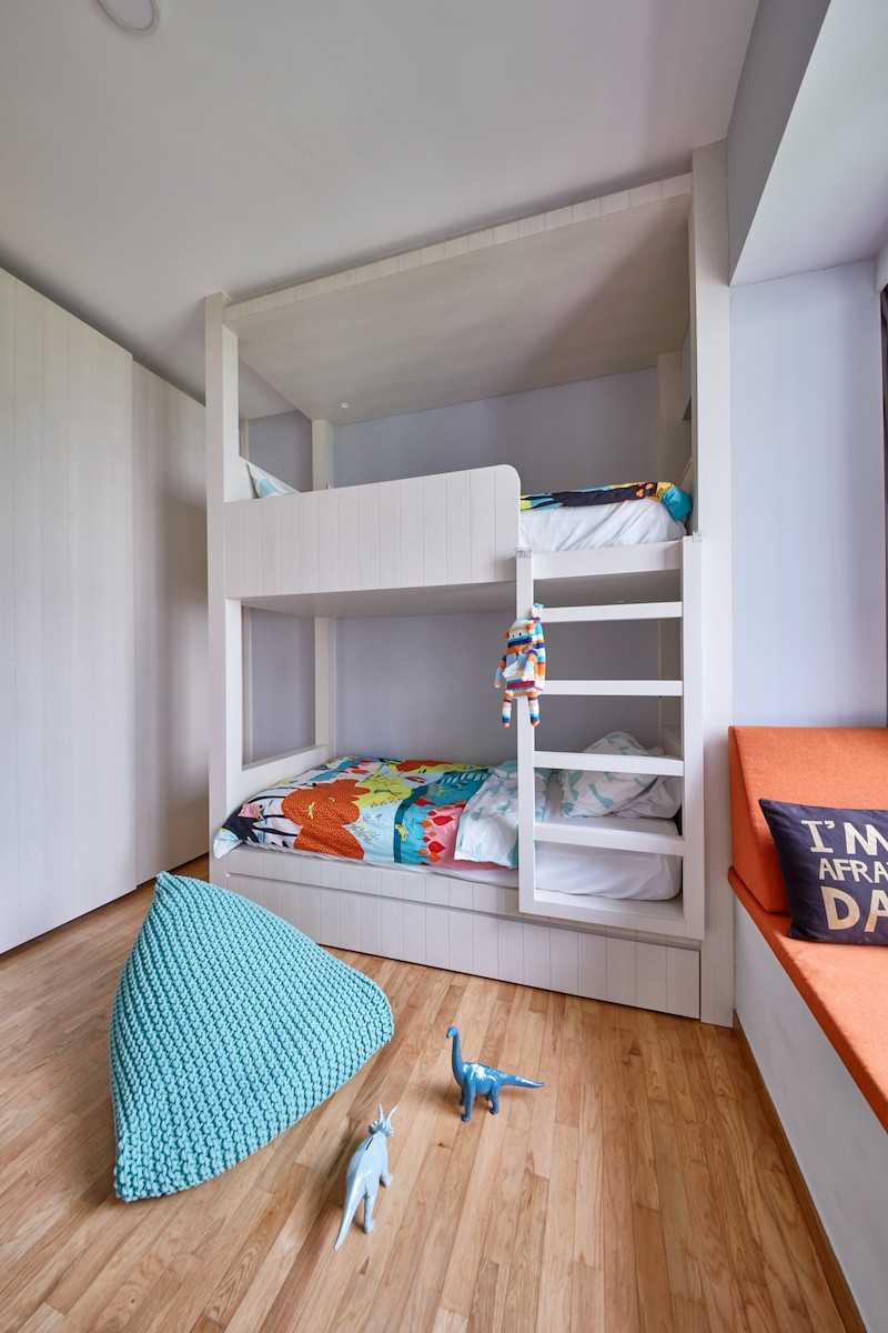Modern Bedroom with Wood Flooring and Bay Window