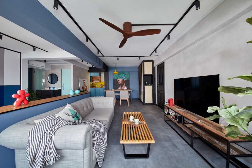 Contemporary Living Room with TV Console and Ceiling Fan