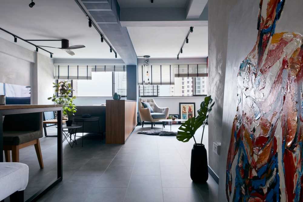 Contemporary Hallway with Ceiling Fan and Paintings