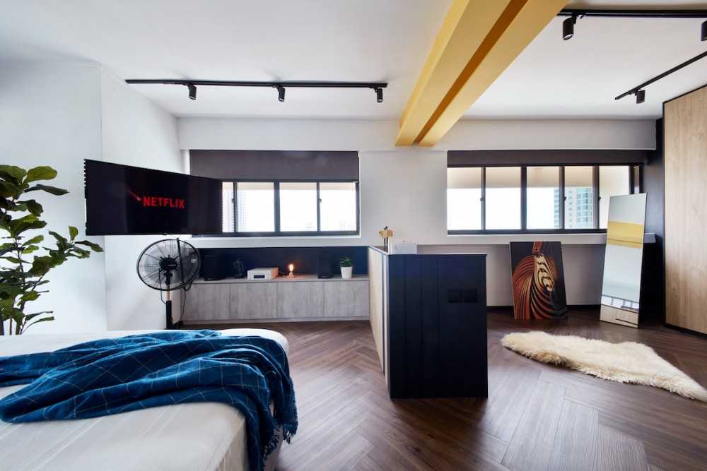 Contemporary Bedroom with Mirror and Paintings