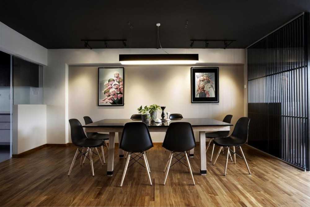 Contemporary Dining Room with Wood Flooring and Drop Light