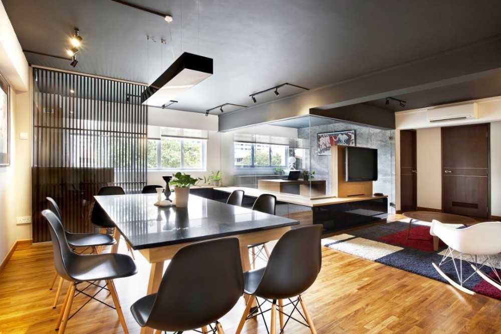 Contemporary Dining Room with Wood Flooring and Dining Table