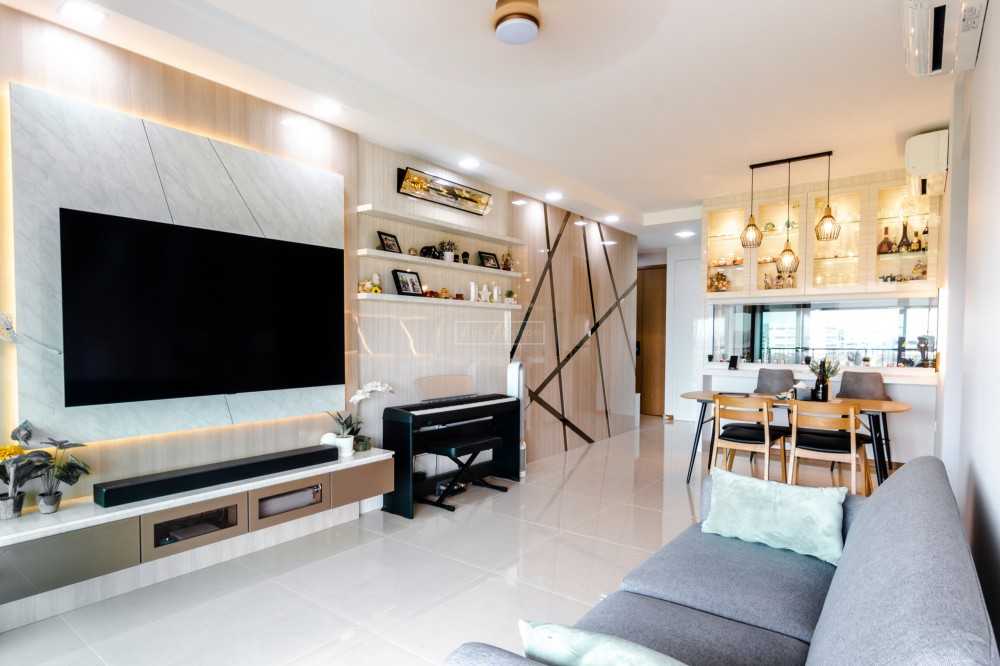 Scandinavian Living Room with Homogeneous Tiles and TV Console